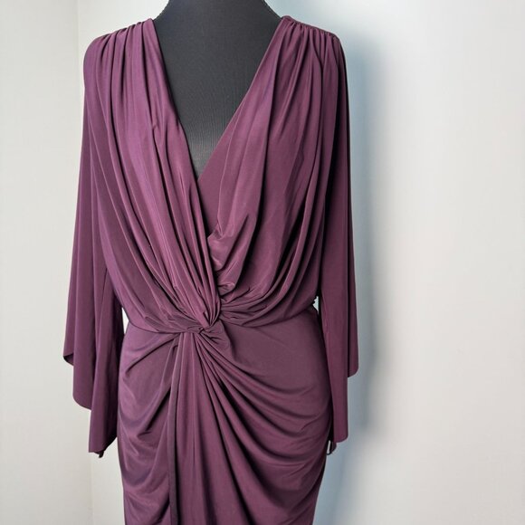 Misa Los Angeles Teget Twist Front Draped Mini Dress Bell Sleeves Plum Purple Si - Picture 3 of 14